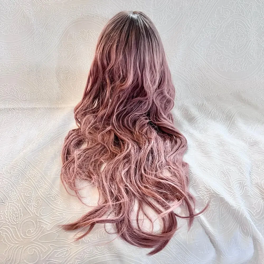 Long Wavy Rose Pink Dark Roots Ombre Balayage Everyday Cosplay Wig Trimmed bangs